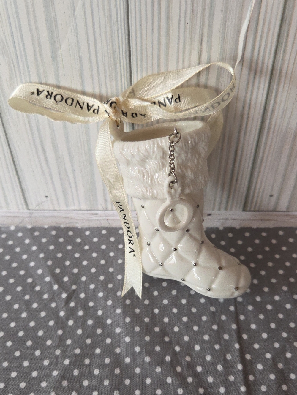 Pandora White Quilted Kids Boot Ornament with Silver Accents